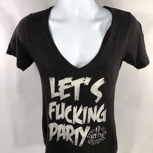 F*ck Off And Dies Womens V Neck T Shirt Punk Rock Size Large Lets Party Logo Tee